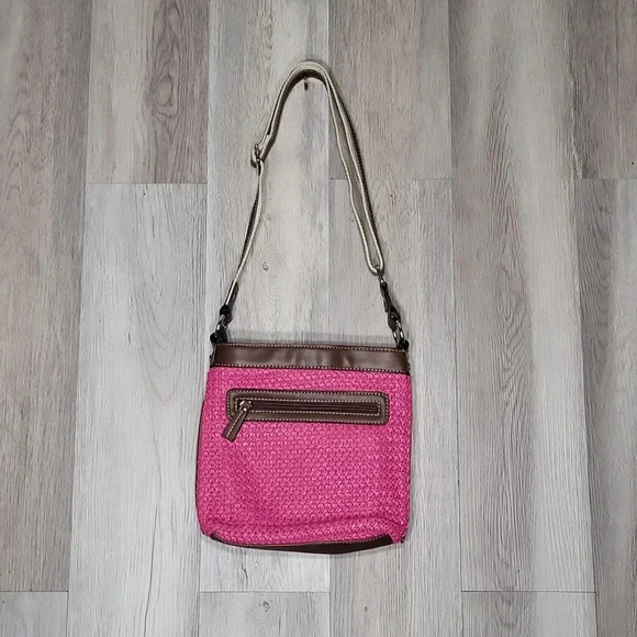 Chaps‎ Pink Brown Woven Faux Leather Multi Pocket Crossbody Bag - Picture 3 of 16